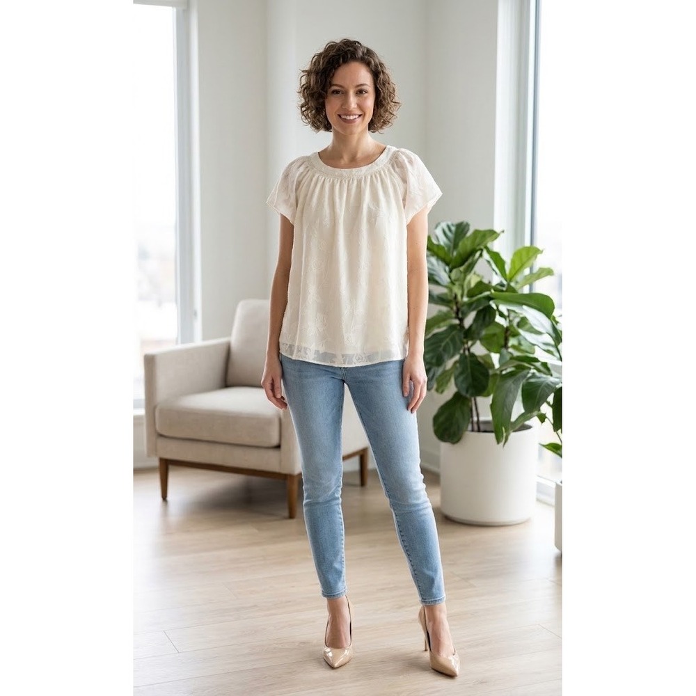 Lauren Conrad Cream Floral Short Sleeve Tie Back Blouse